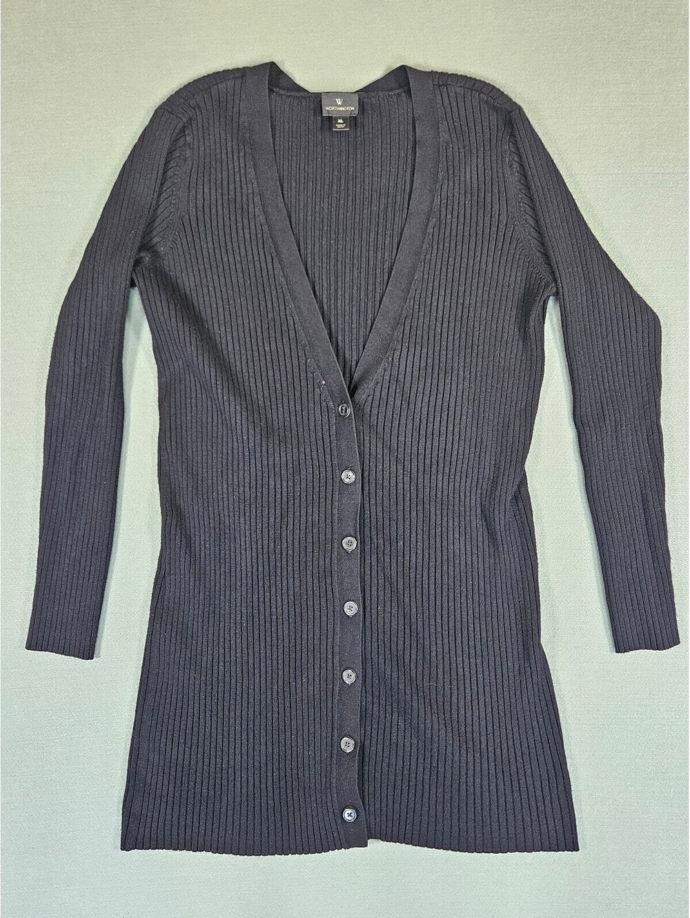 Worthington Womens Black Rayon Ribbed Knit Button Cardigan XL